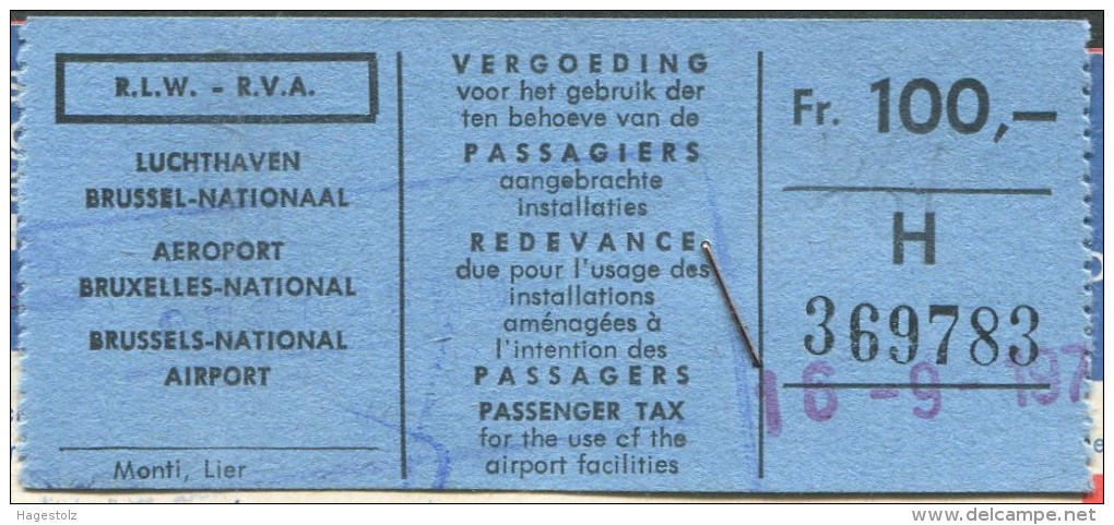 Brussels AIRPORT TAX Taxe Aéroport Fee Fiscal Revenue SWISSAIR Airline 1970 Passenger Ticket Billet D'avion WATCHES Adv. - Other & Unclassified