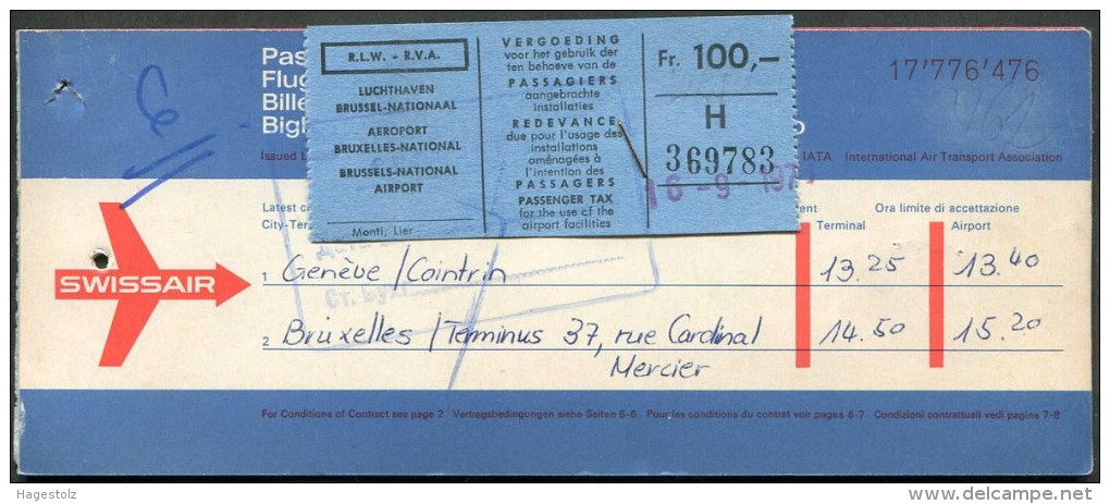 Brussels AIRPORT TAX Taxe Aéroport Fee Fiscal Revenue SWISSAIR Airline 1970 Passenger Ticket Billet D'avion WATCHES Adv. - Other & Unclassified