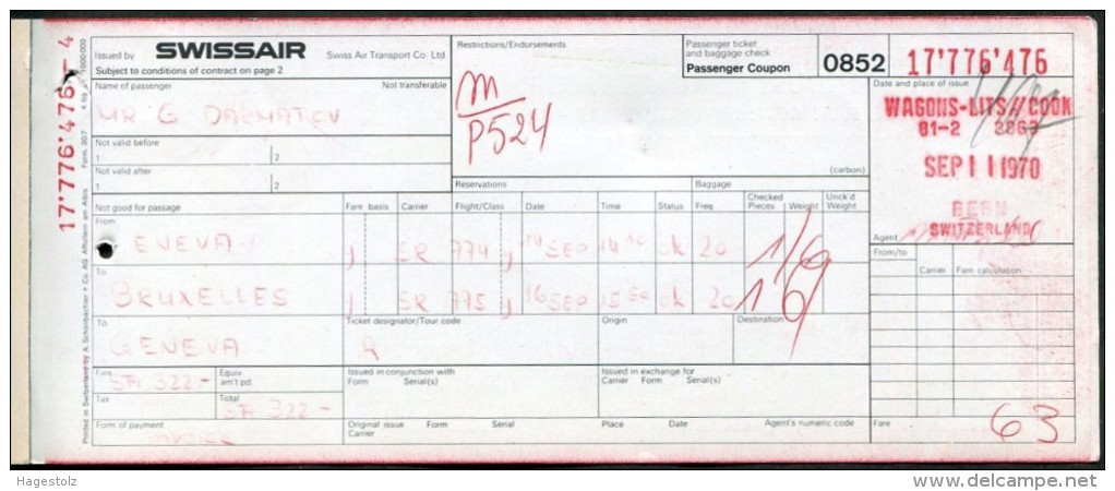 Brussels AIRPORT TAX Taxe Aéroport Fee Fiscal Revenue SWISSAIR Airline 1970 Passenger Ticket Billet D'avion WATCHES Adv. - Other & Unclassified