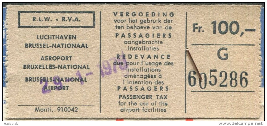 Brussels AIRPORT TAX Taxe Aéroport Fee Fiscal Revenue SWISSAIR Airline 1970 Passenger Ticket Billet D'avion WATCHES Adv. - Other & Unclassified