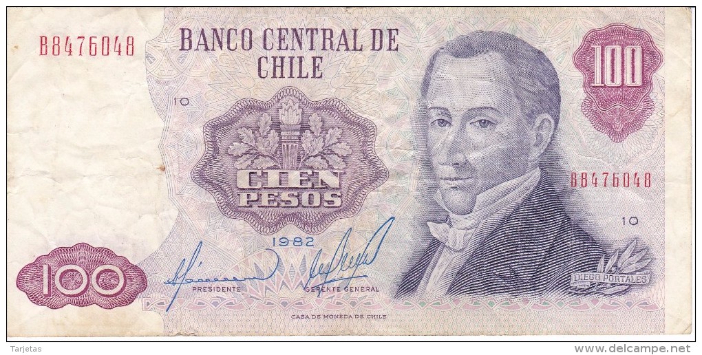 BILLETE DE CHILE DE 100 PESOS DEL AÑO 1982  (BANKNOTE) RARO - Chili