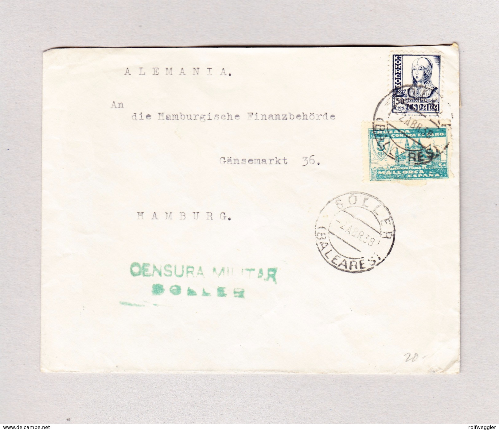 Spanien  2.4.1938 Soller Baleares Zensur Brief Nach Hamburg - Lettres & Documents