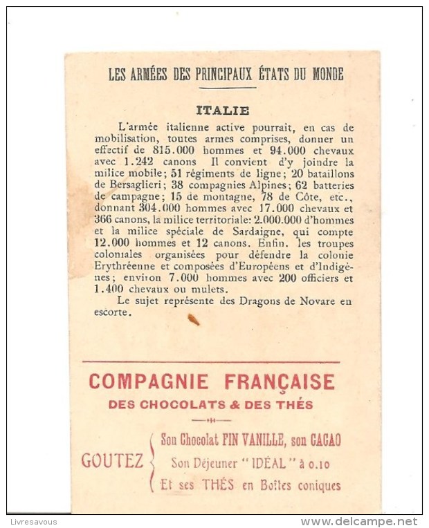 Chromo Compagnie Française Des Chocolats & Des Thés Les Armées Des Principaux états Du Monde L'Italie - Tea & Coffee Manufacturers