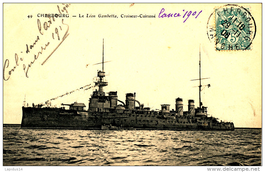 AC 49  /     C P A   -  CHERBOURG -LE LEON GAMBETTA CROISEUR CUIRASSE - Guerra