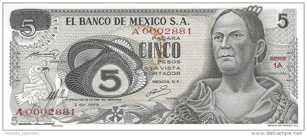 MEXICO 5 PESOS 1969 P-62a UNC SERIE 1A LOW SERIAL A0002881 [ MX062a ] - México