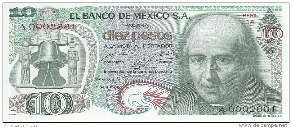 MEXICO 10 PESOS 1969 P-63a UNC SERIE 1 LOW SERIAL A0002881 [ MX063a ] - Mexique