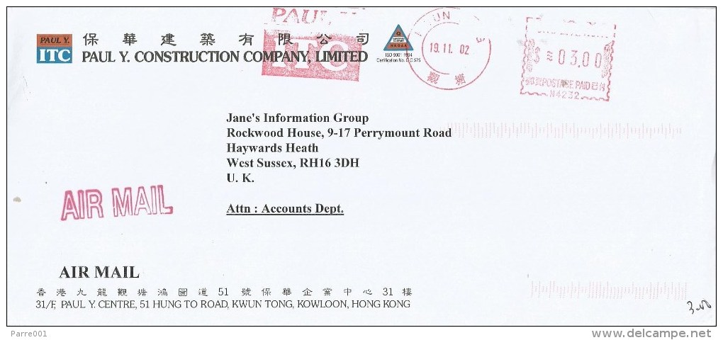 Hong Kong 2002 GPO Slogan Construction Firm Neopost “Electronic” N4232 Meter Franking Cover - Brieven En Documenten