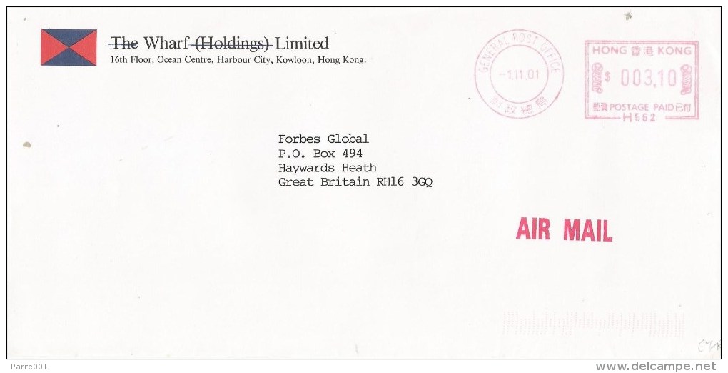 Hong Kong 2001 GPO Hasler “Mailmaster” H562 Meter Franking Cover - Brieven En Documenten