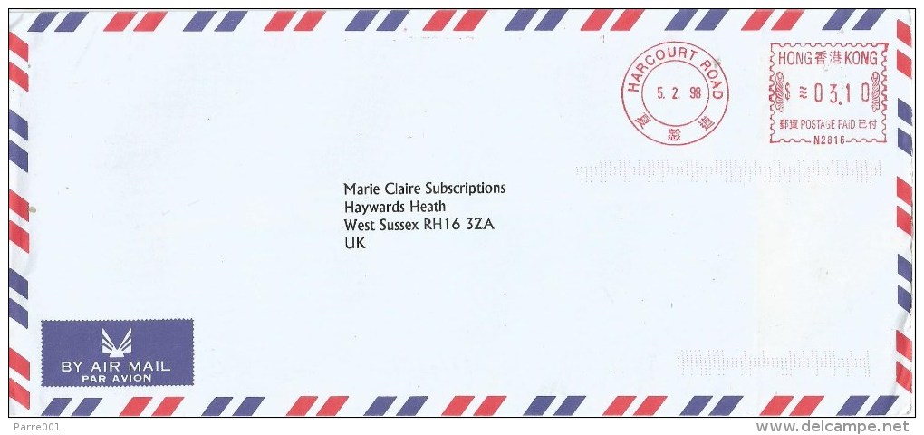 Hong Kong 1998 Harcourt Road Neopost “Electronic” N2816 Meter Franking Cover - Brieven En Documenten