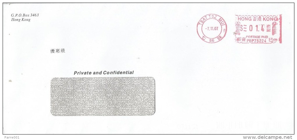 Hong Kong 2007 Tsat Tsz Mui Pitney Bowes-GB “A/B900” PBP75224 Meter Franking Cover - Brieven En Documenten