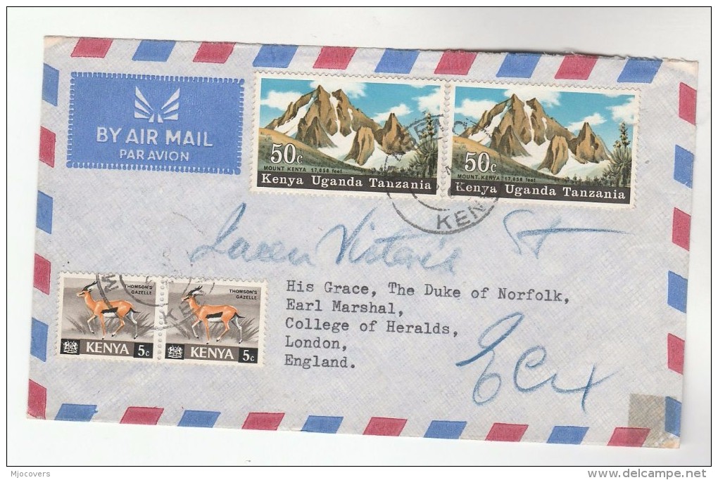 1968 Air Mail KENYA COVER To His Grace DUKE OF NORFOLK, London REDIRECTED Franked Mountain, Gazelle Stamps, Gb - Kenya (1963-...)