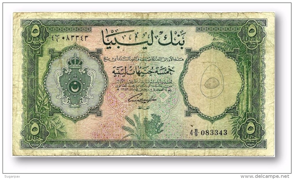 LIBYA - 5 POUNDS - L. 1963 - P 26 - ( 179 X 99 ) Mm - King EDRIS I - 1.ª Issue Very Scarse - 2 Scans - Libia