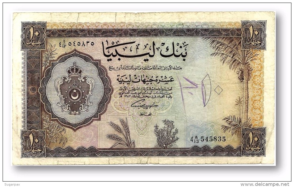 LIBYA - 10 POUNDS - L. 1963 - P 27 - ( 188 X 110 ) Mm - King EDRIS I - 1.ª Issue Very Scarse - 2 Scans - Libye