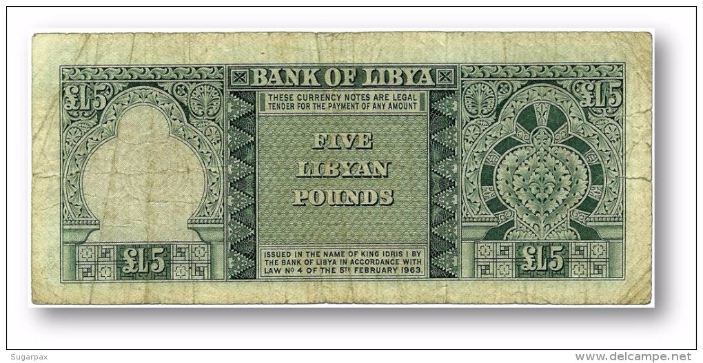 LIBYA - 5 POUNDS - L. 1963 - P 31 - ( 165 X 72 ) Mm - King EDRIS I - 2.ª Issue Very Scarse - 2 Scans - Libya