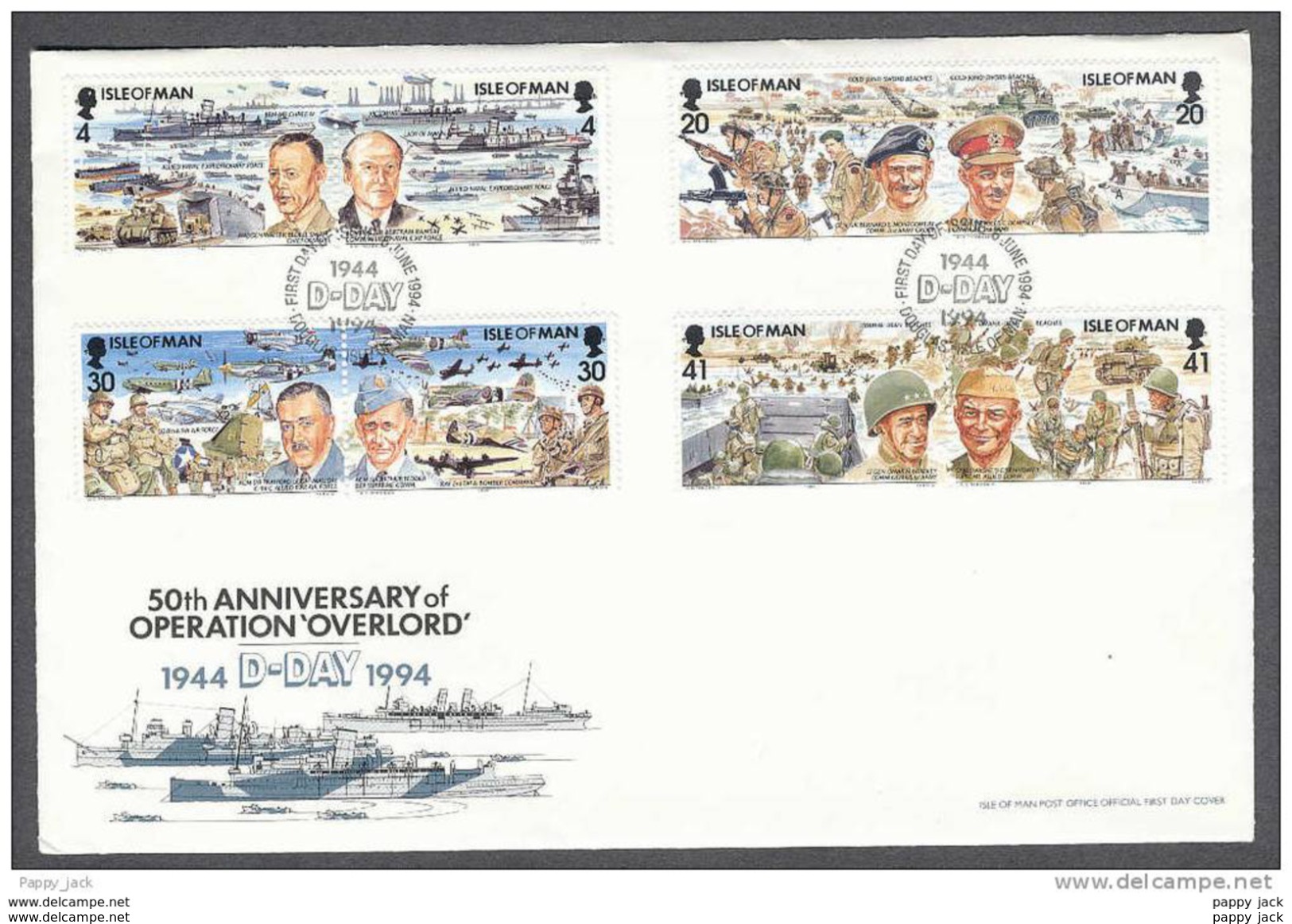 Isle Of Man  FDC 1994  WWII 50 Anniv. Operation ´Overlord´ War Ships, Soldiers, Beaches - Isle Of Man