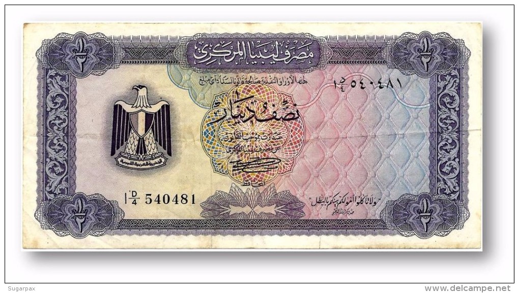 LIBYA - 1/2 Dinar - (1972 ) - P 34.b - Sign. 1 - Serie I ( 160 X 79 ) Mm - 3 Scans - Libia