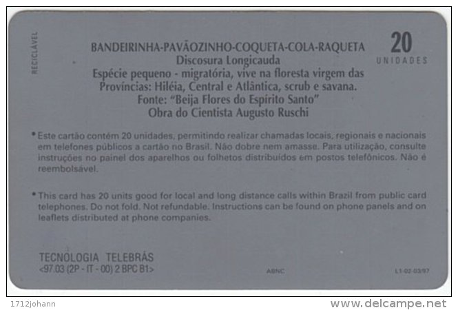 BRASIL B-840 Magnetic Telebras - Animal, Bird, Colibri - Used - Brésil
