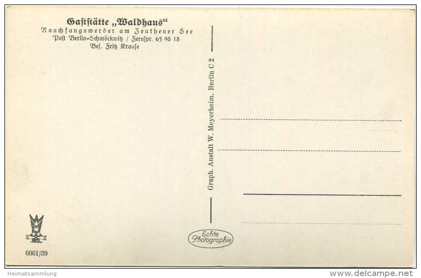 Berlin-Schmöckwitz - Rauchfangwerder Am Zeuthener See - Foto-AK 30er Jahre - (Hauptgebäude) Gaststätte Waldhaus - Verlag - Schmöckwitz