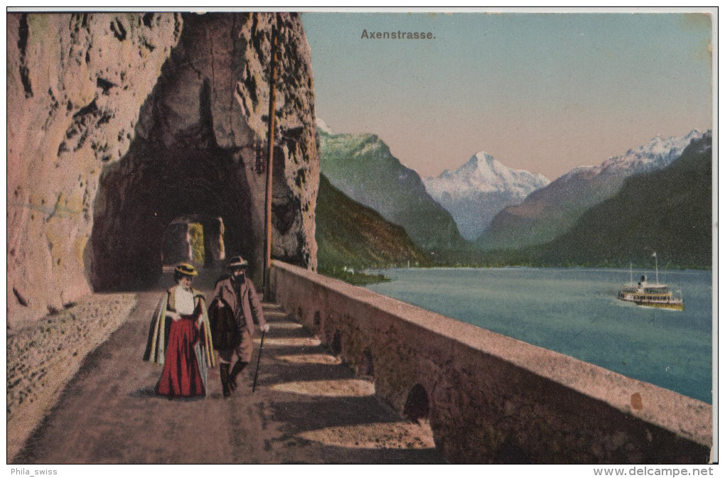 Axenstrasse Mit Dampfschiff Und Wanderer Animee - Steindruck Litho - W. Zimmermann-Strässler No. 5125 - Sonstige & Ohne Zuordnung