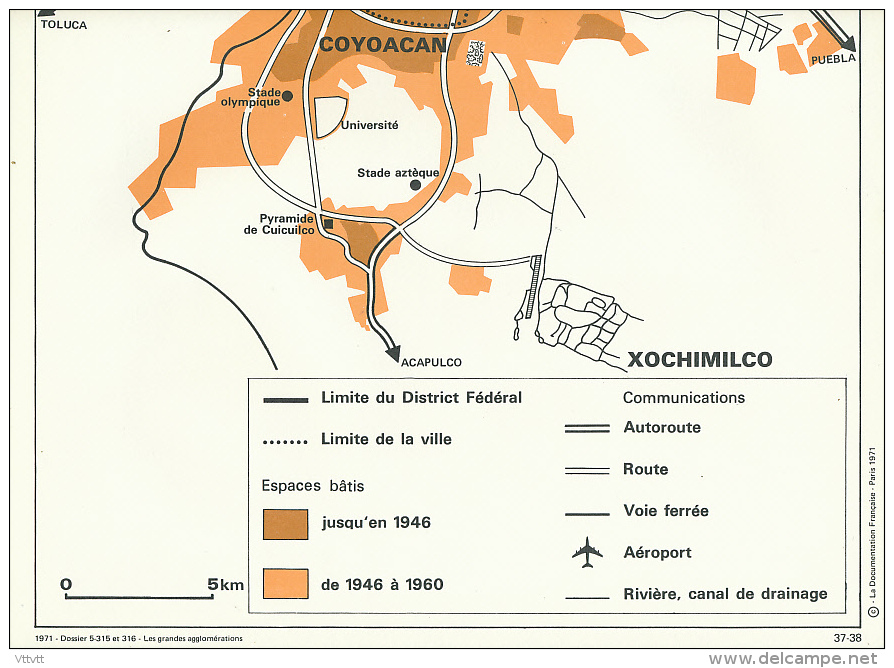 Carte, Les Grandes Agglomérations Du Monde (1971) : "MEXICO, MEXIQUE" (30 Cm X 48 Cm) TBE - Geographical Maps