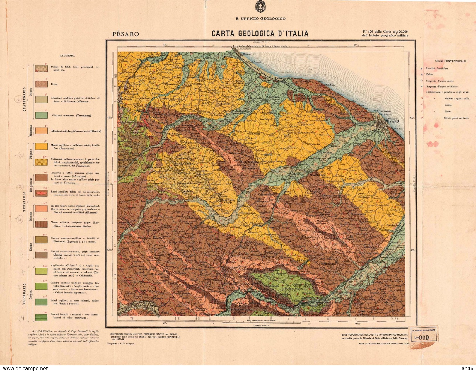 PESARO-CARTA GEOLOGICA D'ITALIA-RILEVAMENTO ESEGUITO DAL PROF.LUIGI SACCO NEL 1900/901 (RIVEDUTO DALLO STESSO NEL 1933.. - Europe