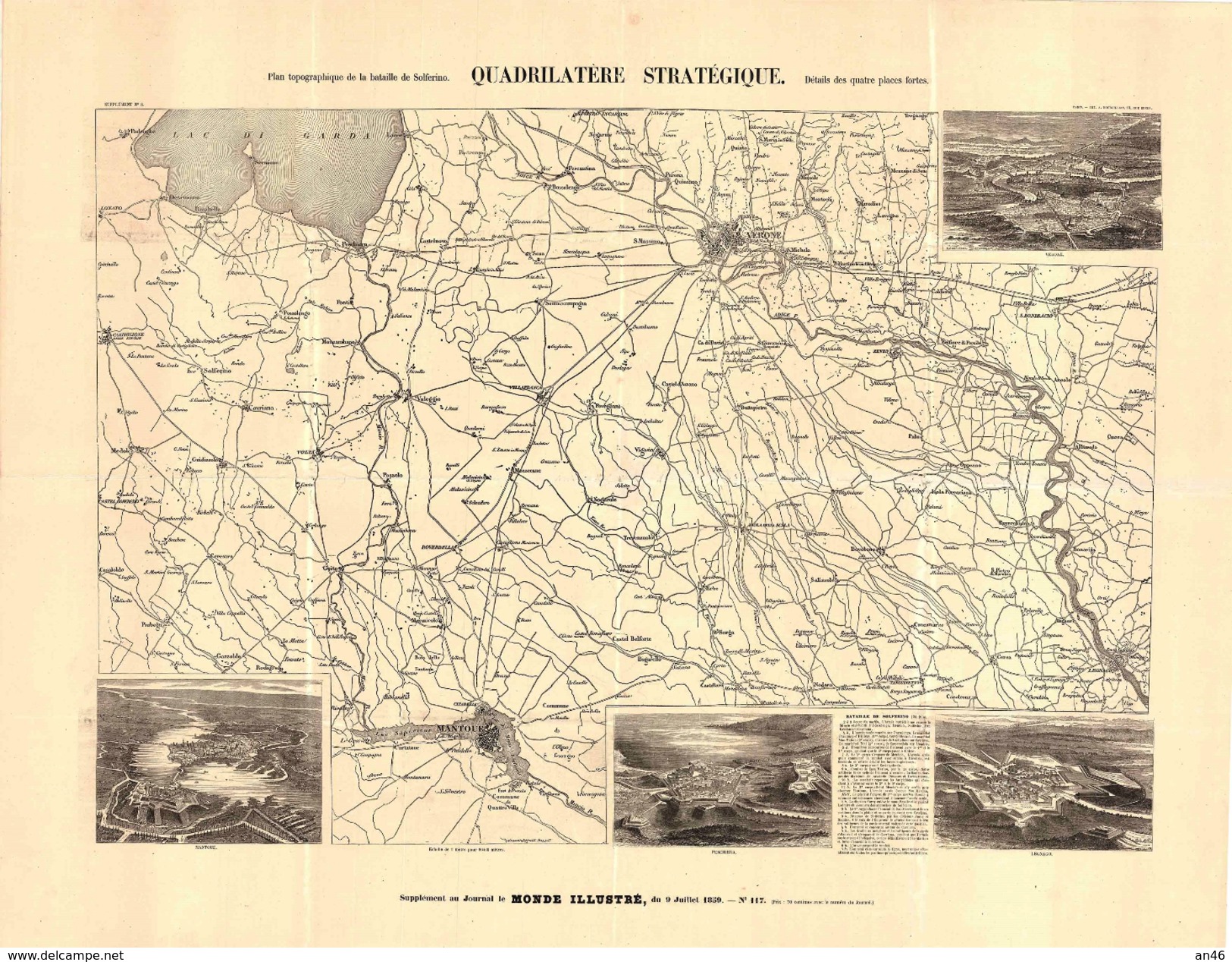 QUADRILATERE STRATEGIQUE_PLAN TOPOGRAPHIQUE DE LA BATAILLE DE SOLFERINO_DETAILS DES QUATRE PLACES FORTES_OTTIMO STATO- - Europe