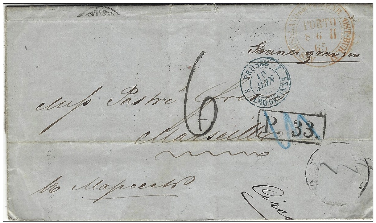 1865- Letter From Nicolajeff To Marseille ( France )  P. 33 Framed Cancelled -French Rating 6 D. - Briefe U. Dokumente