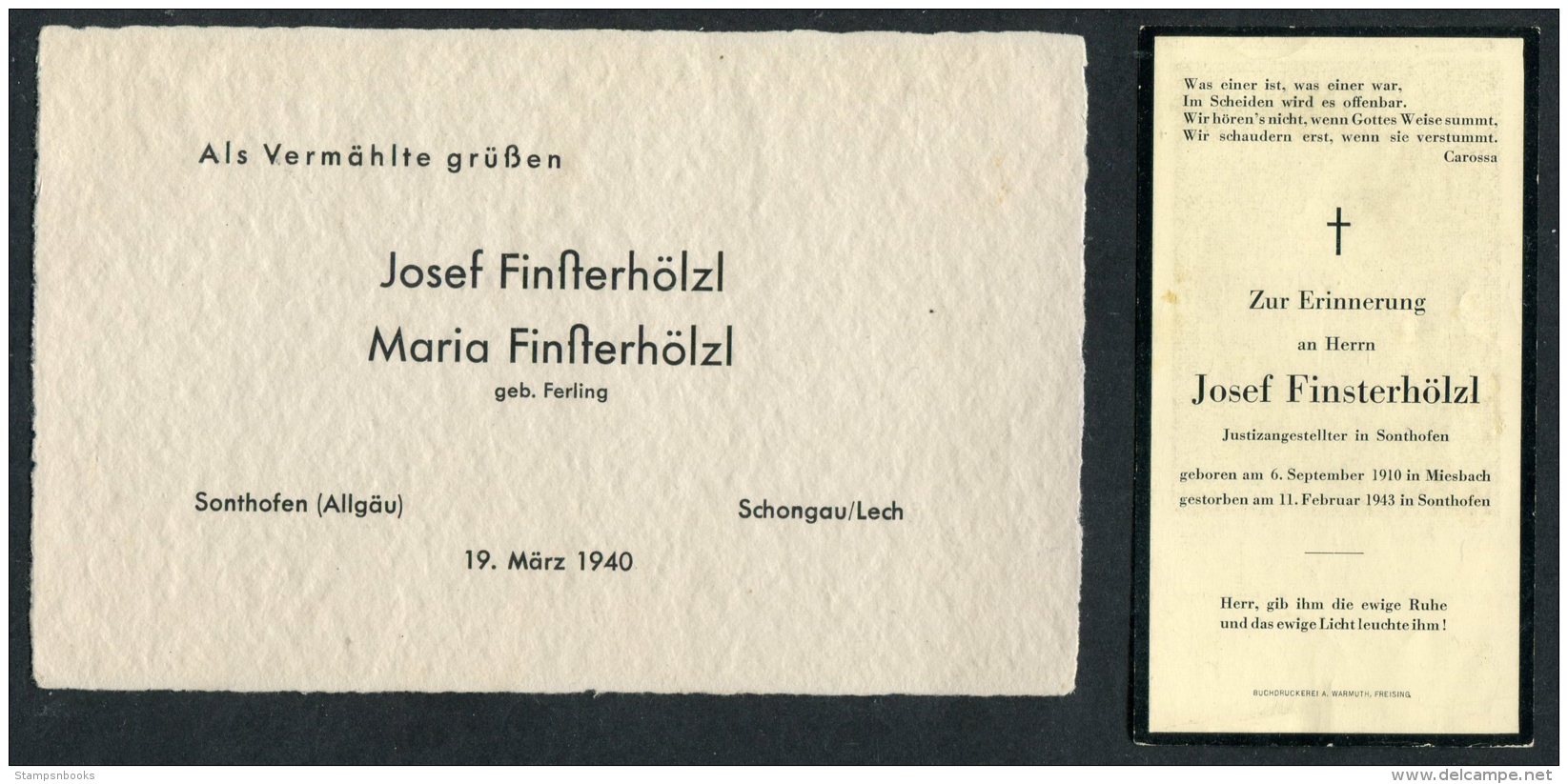 1940/43 Zur Erinnerung, Bescheinigung Uber Eintragung Eines Sterbefalles Stadesamts SONTHOFEN, ALLGAU, Finsterhalzl - Autres & Non Classés