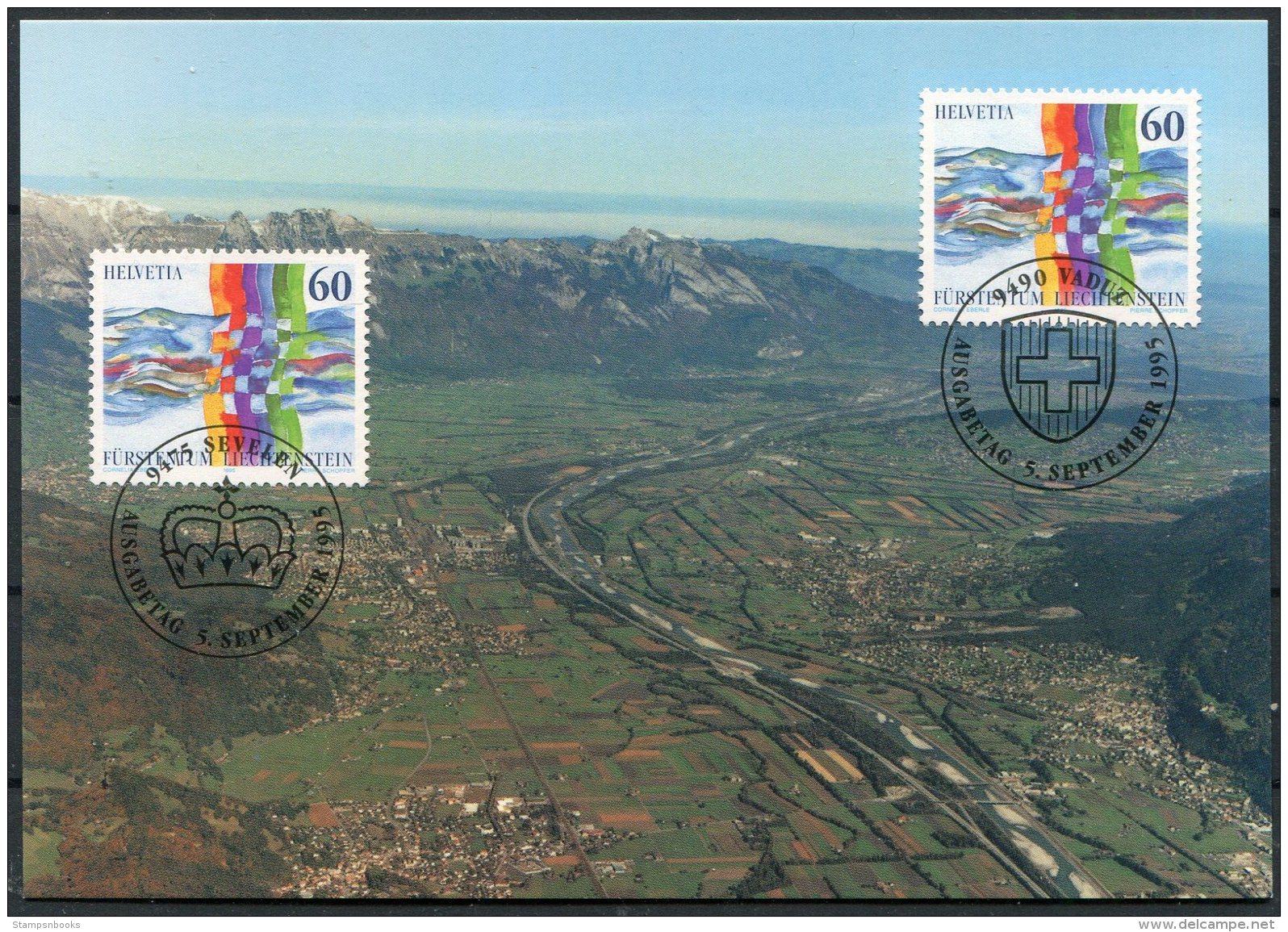 1995 Switzerland Liechtentein Sevelen Vaduz Joint Issue Maxicard, Maximum Card - Maximum Cards