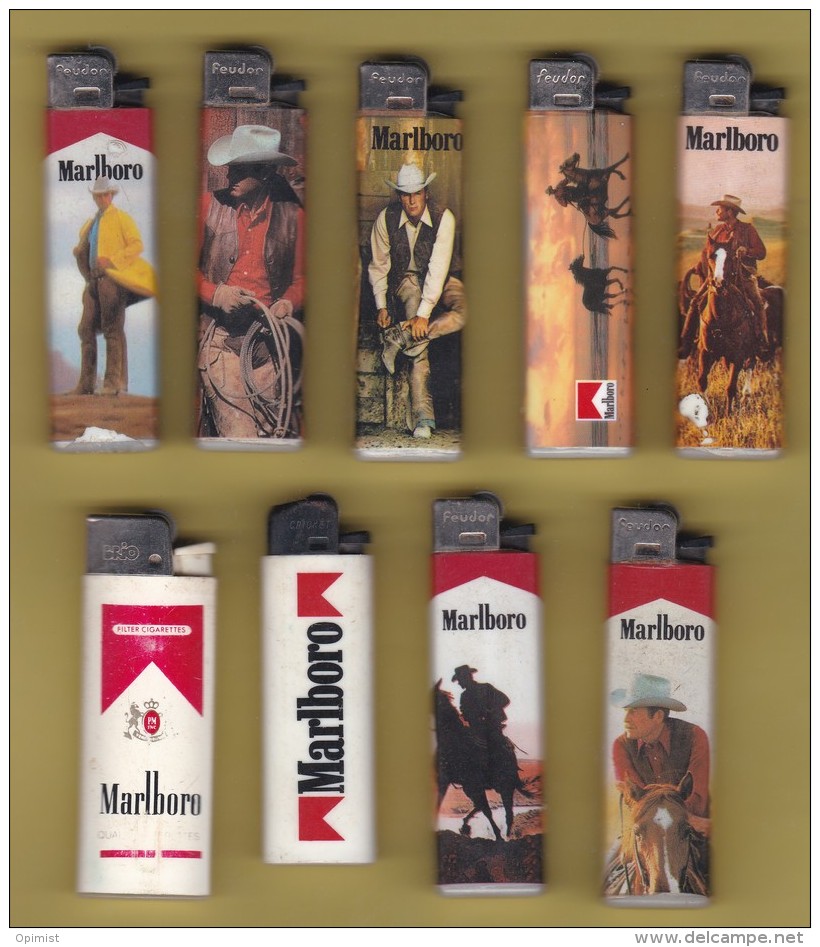 Lot De 9 Briquets Usagés.Feudor. Marlboro.tabac.cigarette.lighter.cow Boy.... - Autres & Non Classés