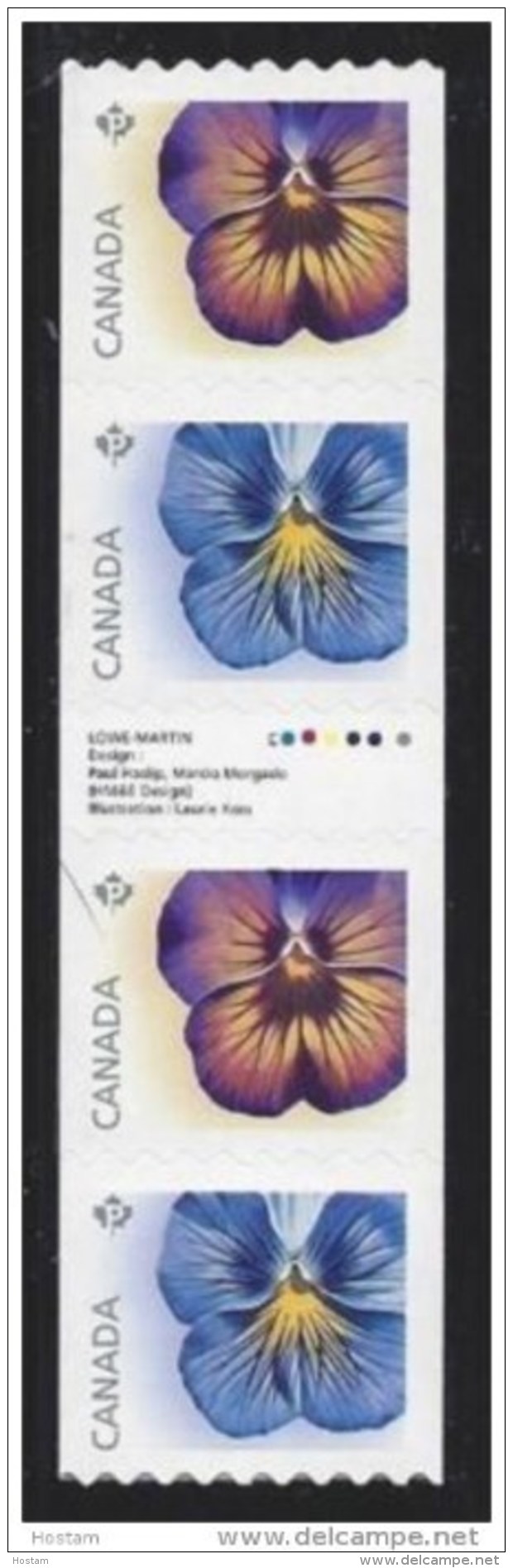 CANADA, 2015, #2811i,  FLOWER: PANSY, STRIP OF 4  WITH MIDDLE GUTTER - Coil Stamps