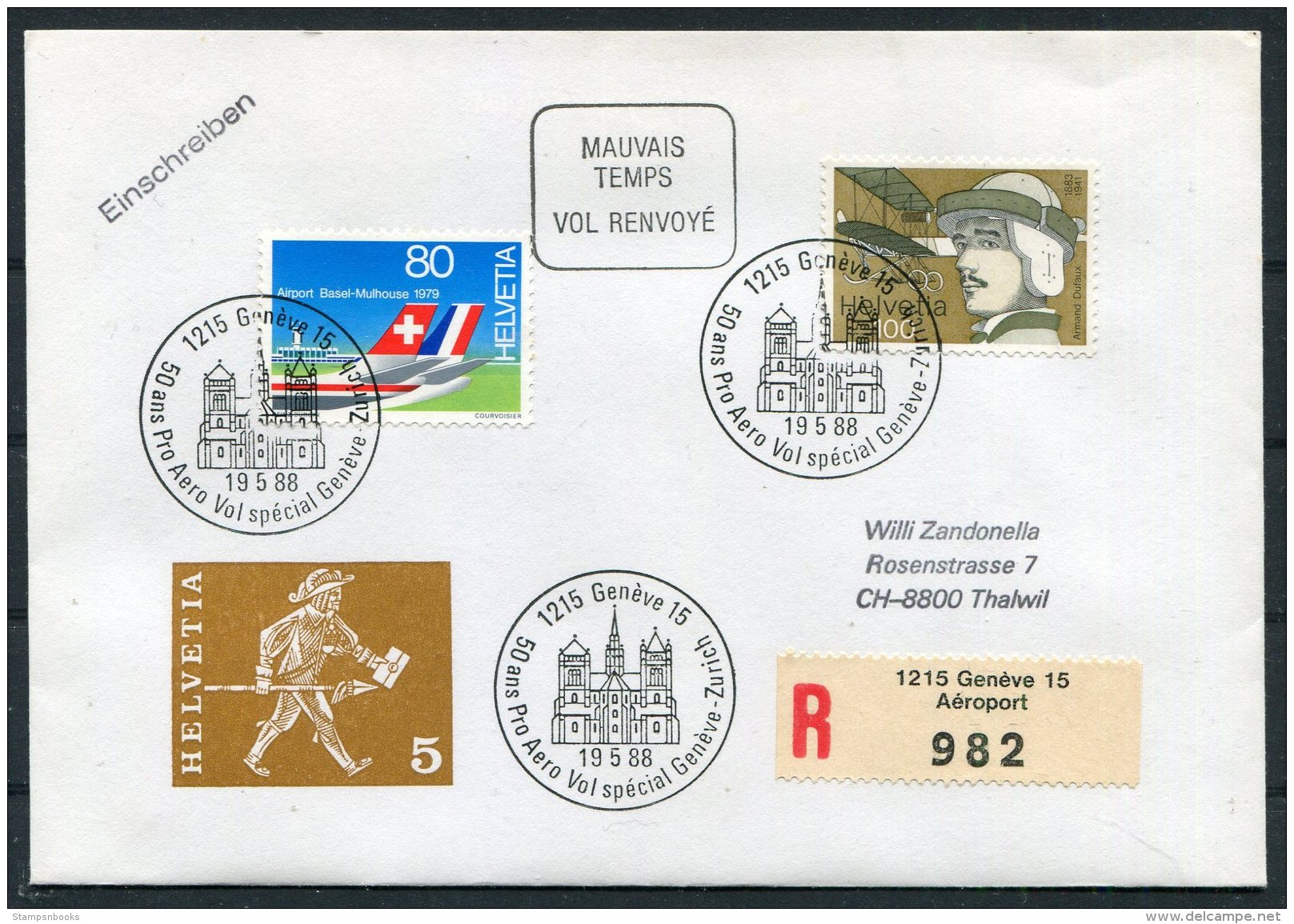 1988 Switzerland Geneve Flughafen Sonderflug Pro Aero Registered Flight Cover - Primeros Vuelos