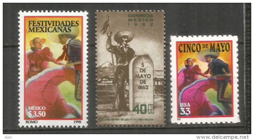 MEXICO-USA. émission Conjointe "Cinco De Mayo 1862" (Defaite Du Corps Expéditionnaire Français) 3 Timbres Neufs ** - Emissions Communes