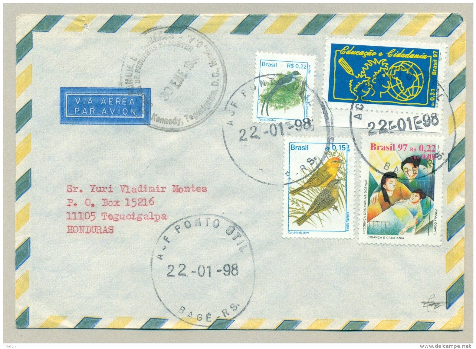 Brasil - 1998 - 4 Stamps On Cover From Bagé To Tegucigalpa / Honduras - Brieven En Documenten