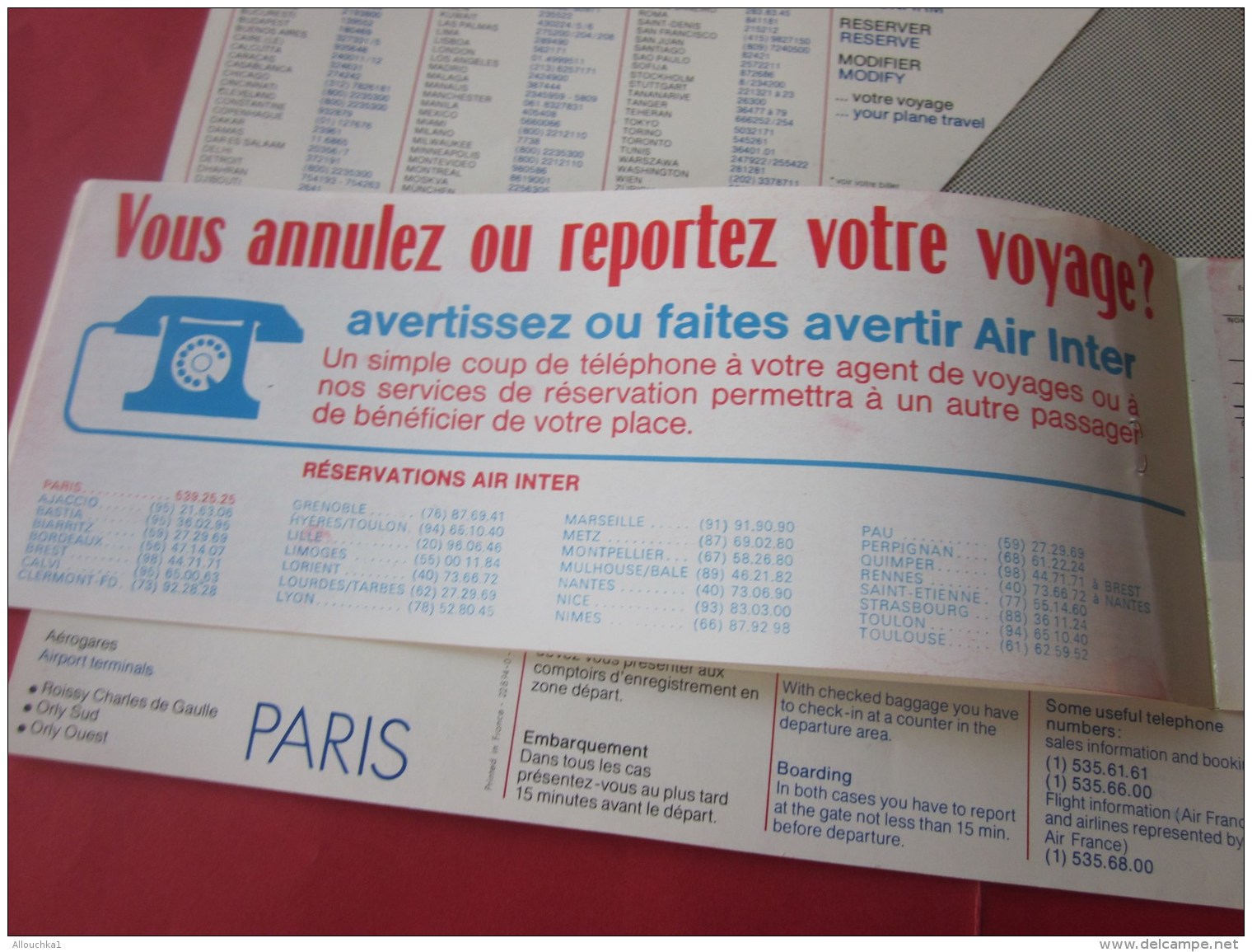 BILLET EMBARQUEMENT AVION AIR INTER TITRE TRANSPORT TICKET LIGNE AERIENNE  TOULON/PARIS  AIRPORT 1978