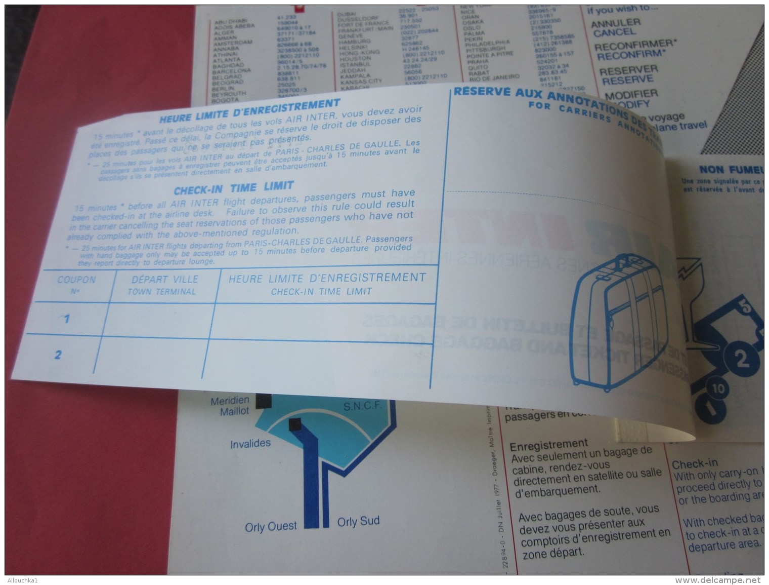 BILLET EMBARQUEMENT AVION AIR INTER TITRE TRANSPORT TICKET LIGNE AERIENNE  TOULON/PARIS  AIRPORT 1978