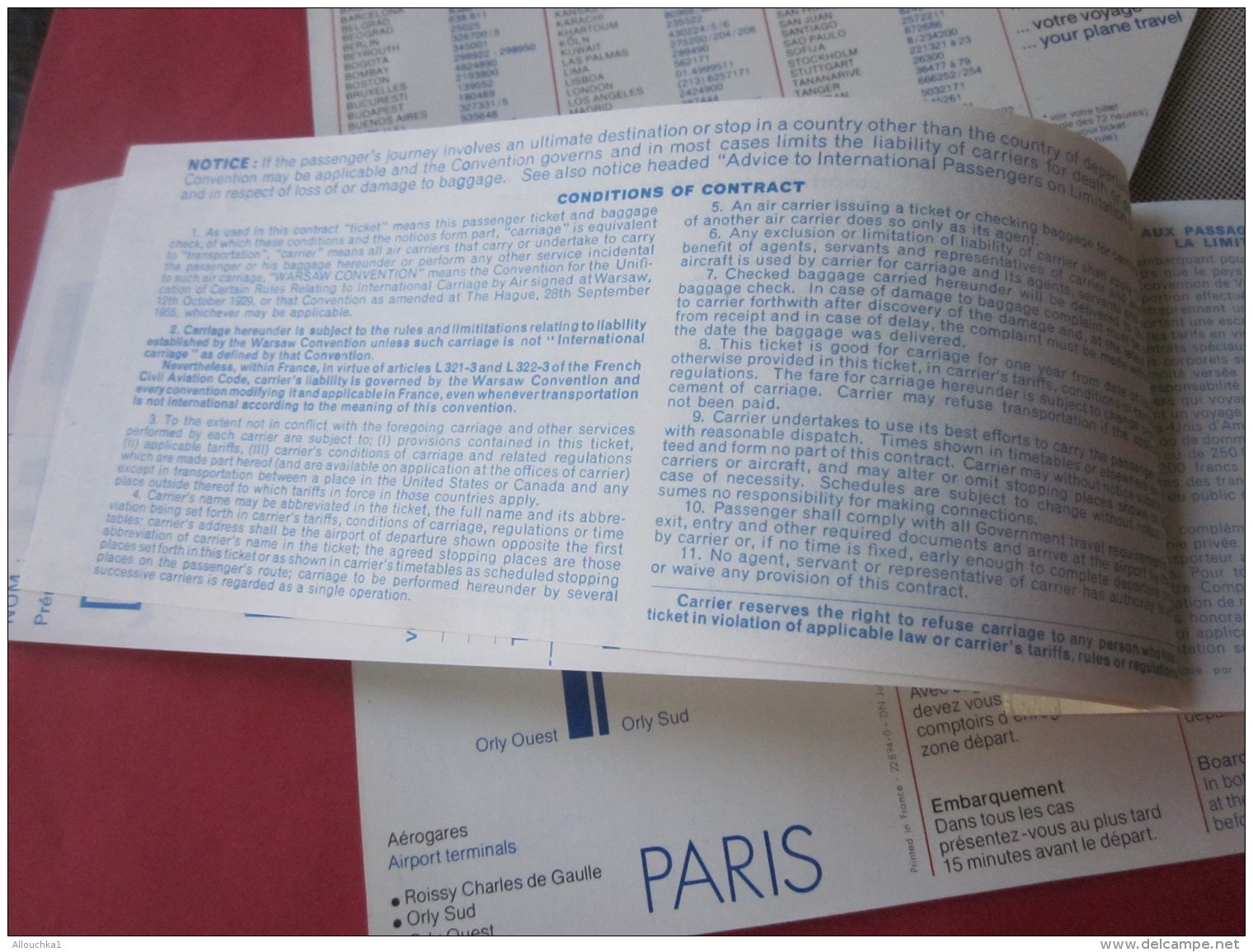 BILLET EMBARQUEMENT AVION AIR INTER TITRE TRANSPORT TICKET LIGNE AERIENNE  TOULON/PARIS  AIRPORT 1978