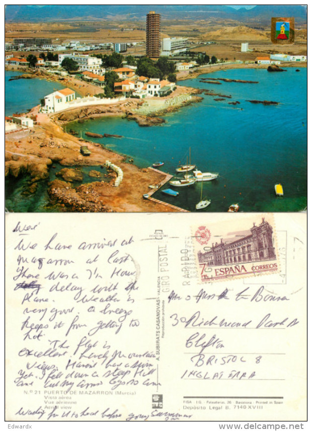 Puerto De Mazarron, Spain Postcard Posted 1976 Stamp - Murcia