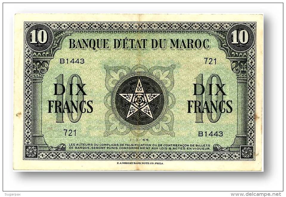 MOROCCO - 10 Francs - 1.3.1944 - P 25 - WWII First Issue - Kingdom - Maroc - 2 Scans - Marocco