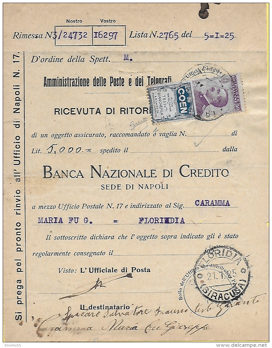 1925 Francobolli Pubblicitari C. 50 COEN Ricevuta Ritorno Da Napoli Per Floridia - Uso Tassazione Singolo - Varietà - Publicidad