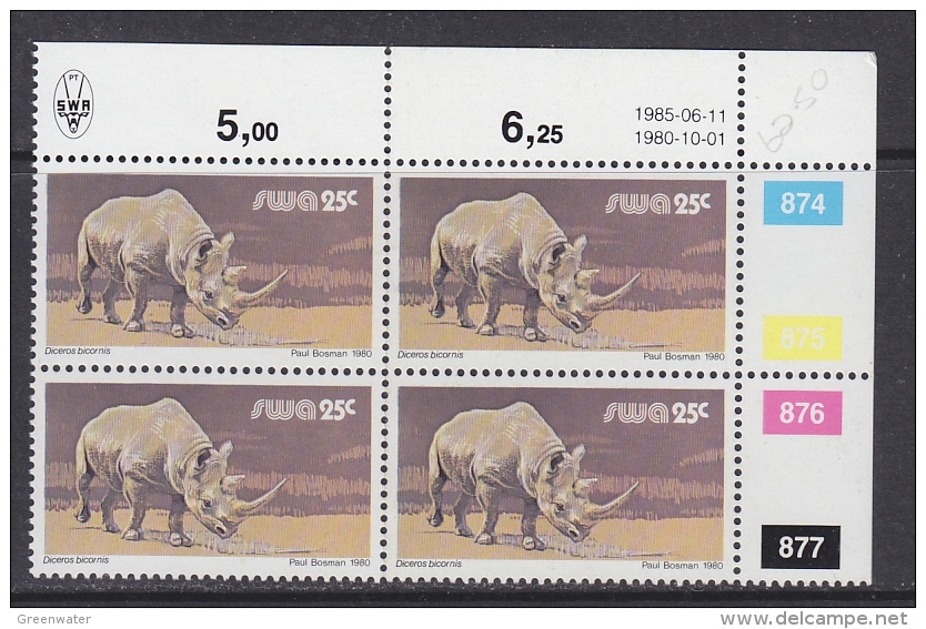 South West Africa (SWA) 1980 Rhino 1v Bl Of 4 ** Mnh (32019) - Südwestafrika (1923-1990)