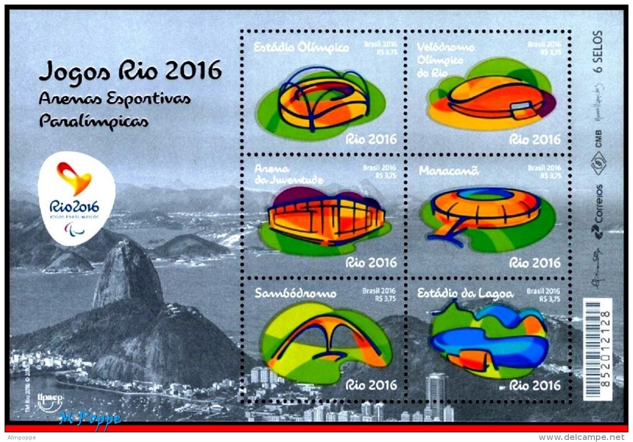 Ref. BR-V2016-13-3 BRAZIL 2016 SPORTS, OLYMPIC PARALYMPIC GAMES,, RIO 2016, ARENAS, UPAEP, MINI SHEETS MNH 12V - Unused Stamps