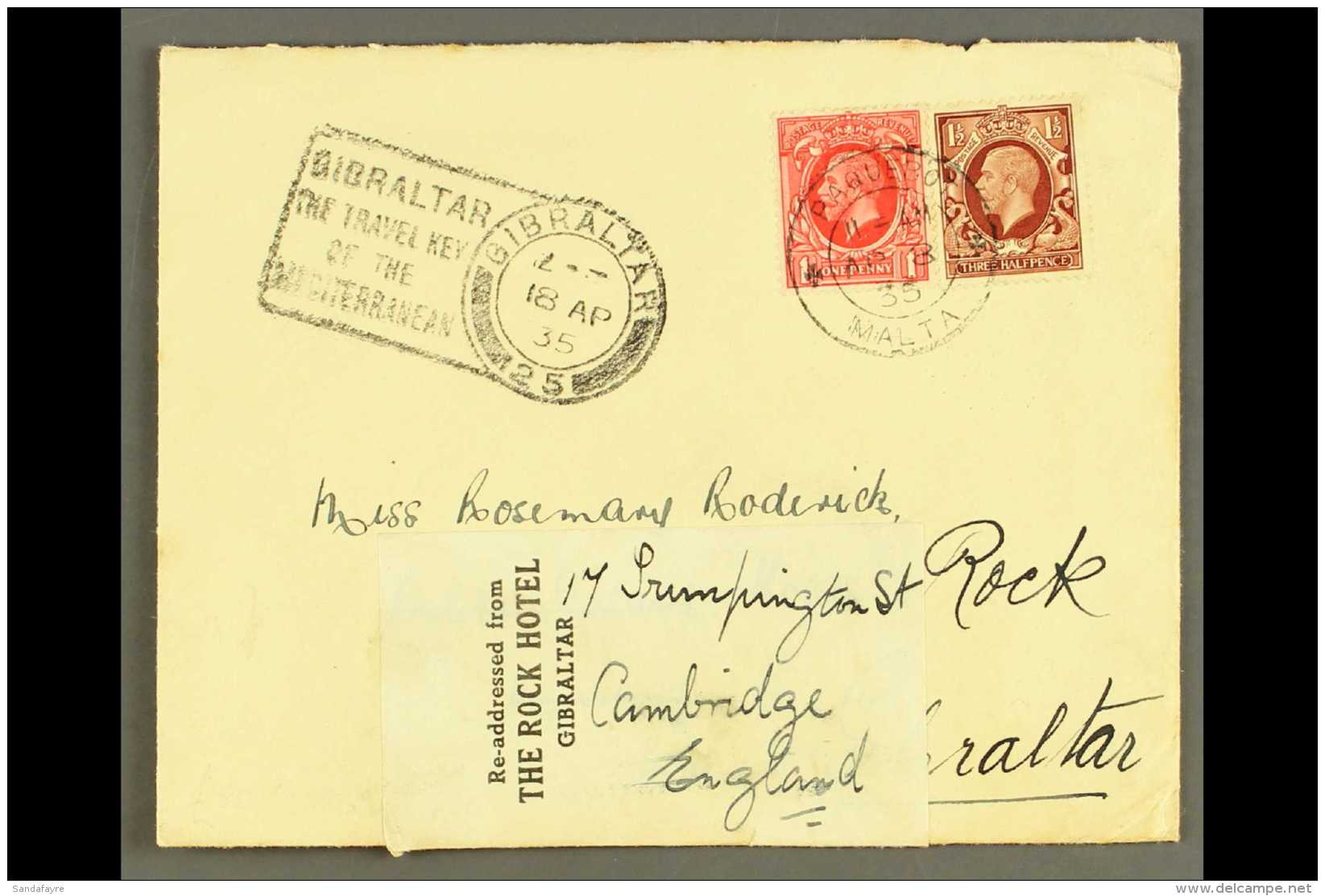 1935 (8 Apr) Cover To Gibraltar, Bearing Great Britain 1d &amp; 1&frac12;d Stamps Tied By "PAQUEBOT MALTA" Cds,... - Zonder Classificatie