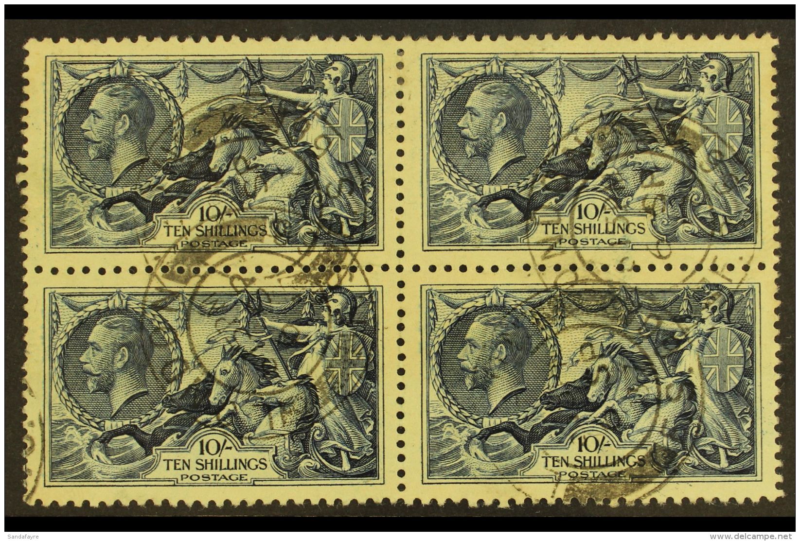 1934 10s Indigo Re-engraved Seahorses, SG 452, Fine Cds Used BLOCK Of 4 Cancelled By Four "London" Cds's, Fine... - Non Classés