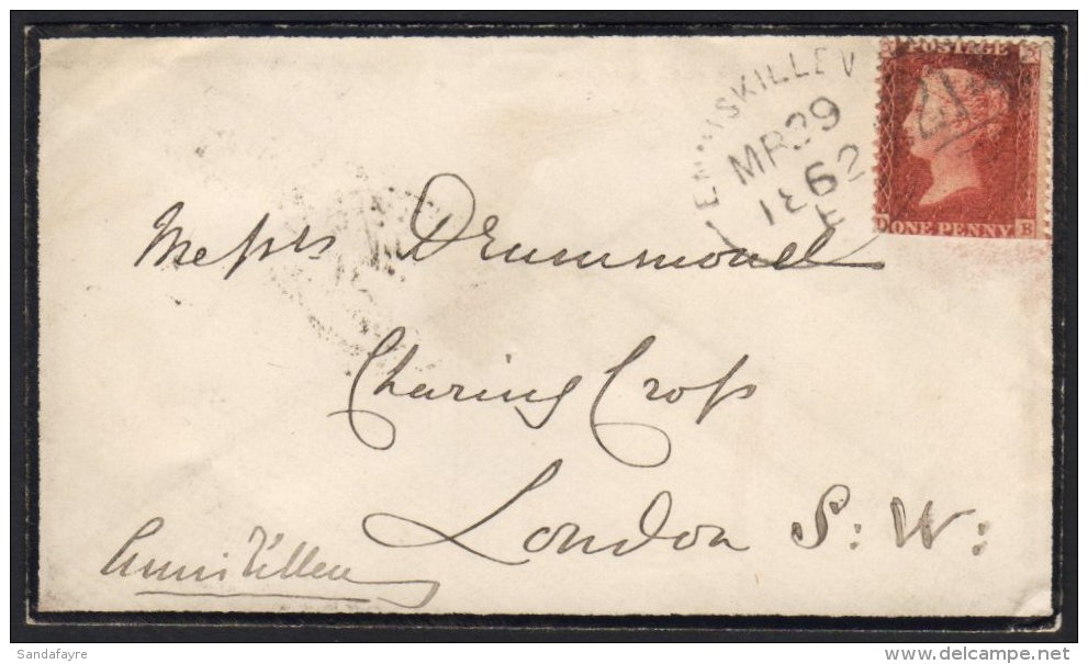 SPOON CANCELS Enniskillen 1862 (March) Clear Strike Tying 1d Red To Mourning Envelope To London, Showing Florence... - Other & Unclassified
