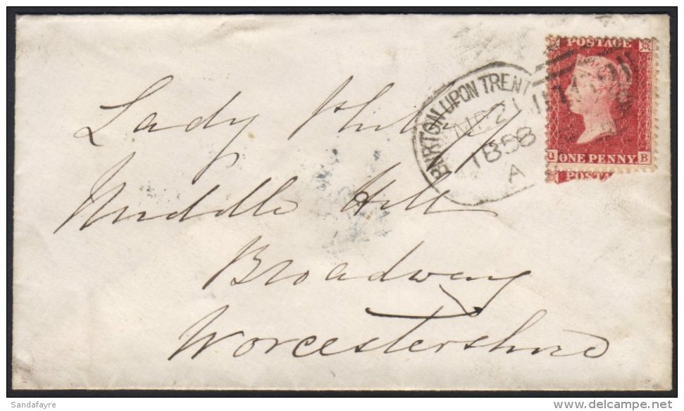 SPOON CANCELS Burton Upon Trent, 1858 (March) Good Clear Strike Tying 1d Red On Envelope To Worcester.  For More... - Other & Unclassified