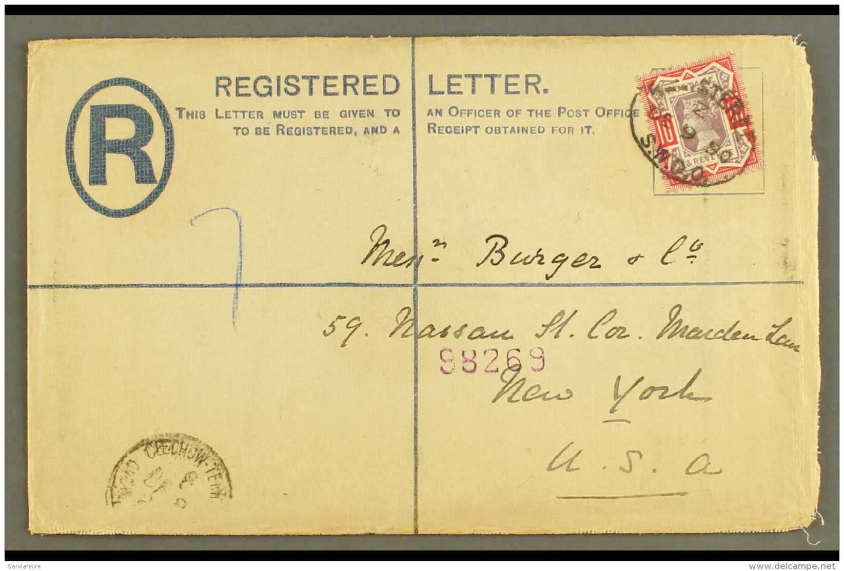 1890 (9 Dec) 2d Blue Registered Envelope From London To New York Uprated With 1887-92 10d Dull Purple And Carmine,... - Other & Unclassified