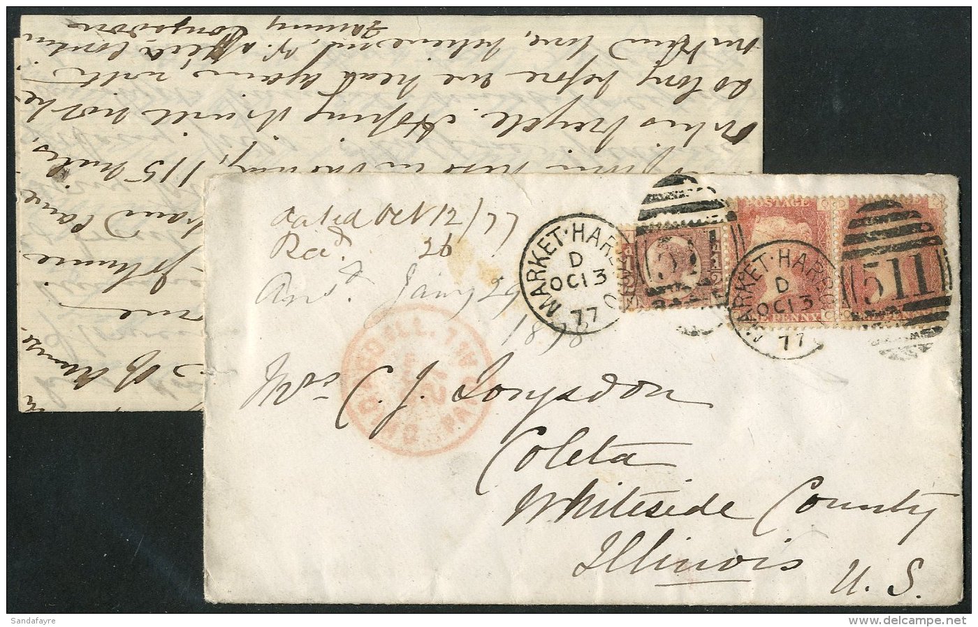 1877 (13 Oct) Envelope And Original Letter To Illinois USA  Bearing &frac12;d "bantam" Plus 1d Red Pair Tied By... - Autres & Non Classés