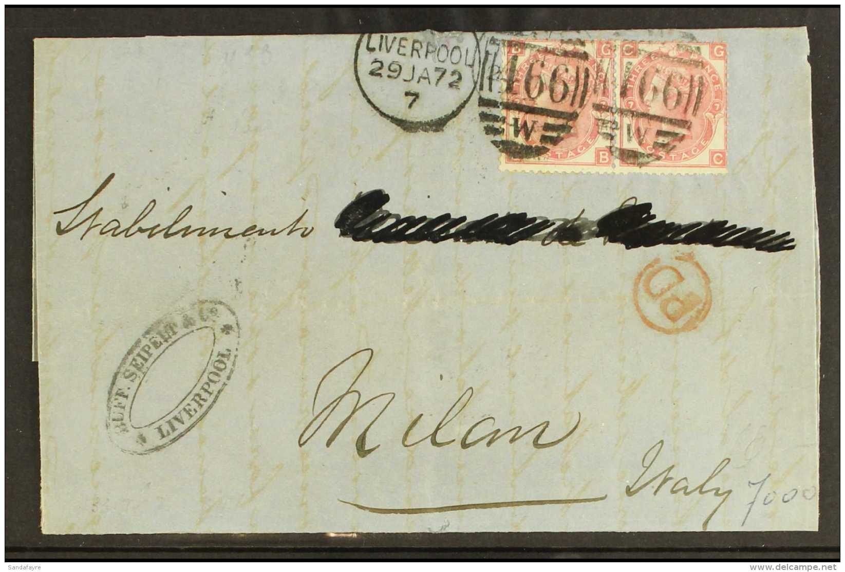 1872 (29th Jan) Entire From Liverpool To Milan Bearing A Pair Of 3d Rose (plate 7) Stamps Tied "Liverpool" Duplex... - Sonstige & Ohne Zuordnung