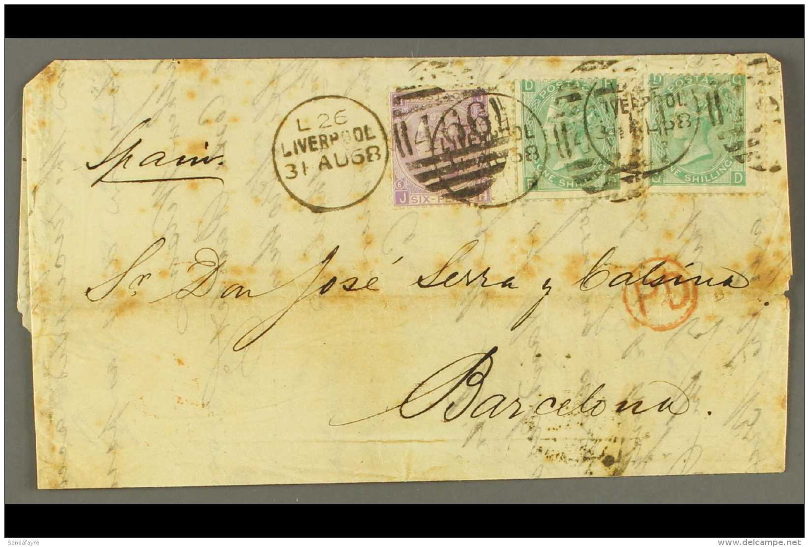 1868 (31st Aug) Folded Letter From Liverpool To Barcelona, Bearing 6d  With Hyphen &amp; 2 X 1s Green, Plate 4,... - Sonstige & Ohne Zuordnung